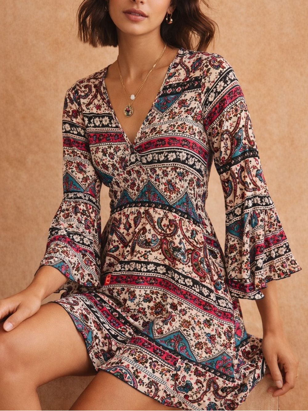 Boho Paisley Babydoll Dress Bell Sleeve V Neck Festival Cottagecore